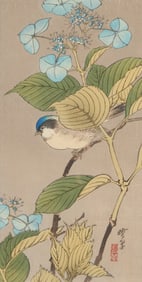 Kawanabe Gyosui "Bird & Hydrangea" Woodblock