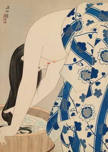 Ito Shinsui "Kami (Washing The Hair)" Woodblock: Ito Shinsui (Japanese, 1898-1972). Woodblock print on paper titled "Kami (Washing the Hair)," 1953. Seals along the upper left.Provenance: From the Collection of Ellen and Frederick Wells.Si