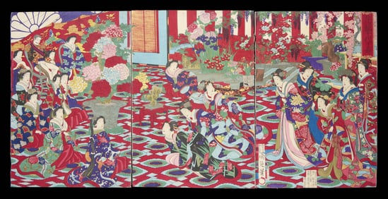 Yoshu Chikanobu Vibrant Floral Woodblock Triptych