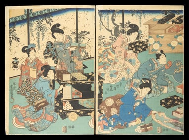Kunisada "Presentation of Books & Scrolls" Diptych