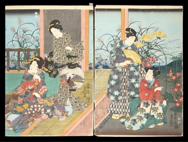 Kunisada "Seven Autumn Flowers in Garden" Diptych