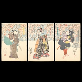 Kunisada Kabuki Actor Theater Woodblock Triptych
