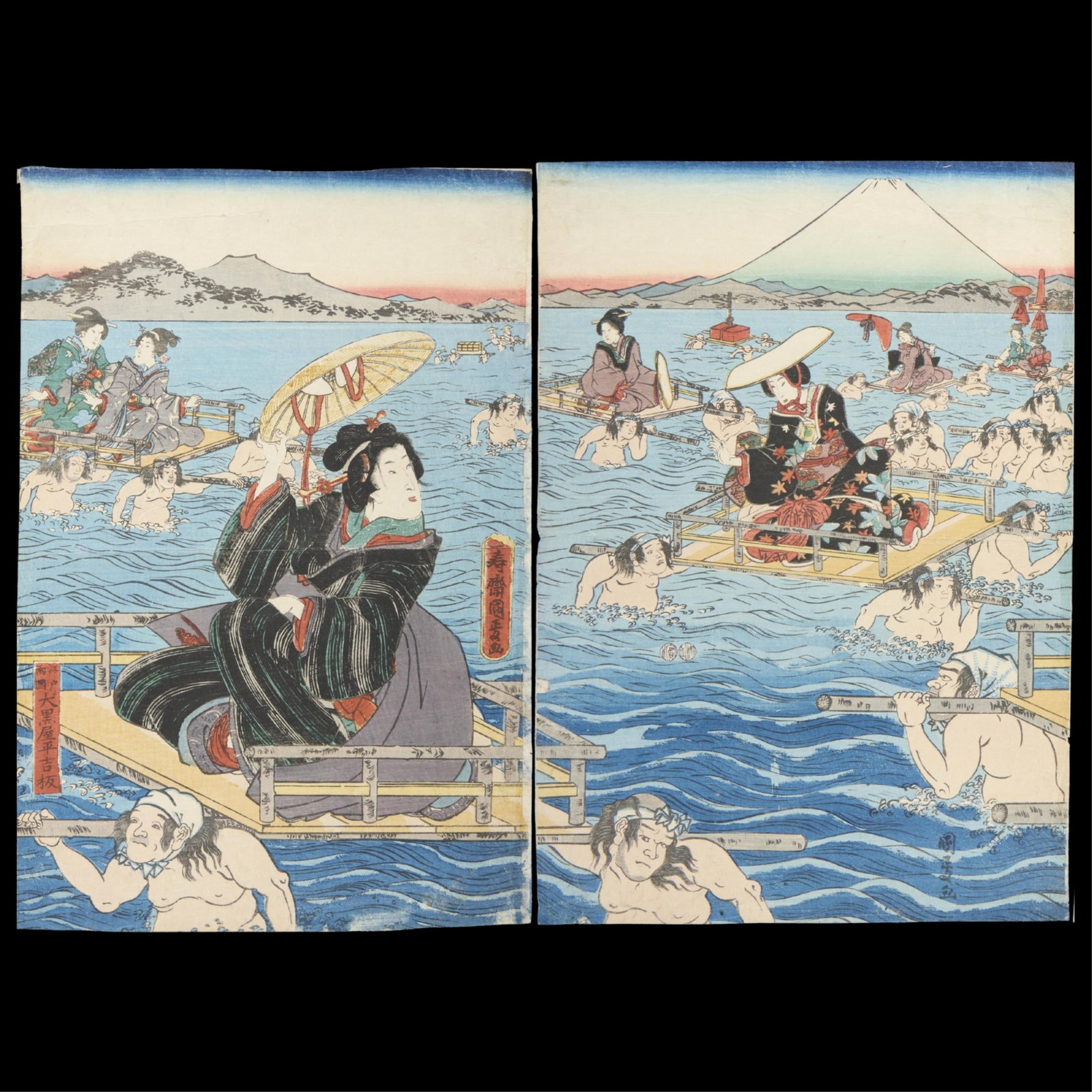 Kunisada II "The River Oi" Woodblock Prints: Utagawa Kunisada II (Kunimasa III, Toyokuni IV) (Japanese, 1823-1880). Two prints from a triptych titled "Oigawa no zu (The Oi River)" from the series "Tokaido gojusan tsugi (The Fifty-