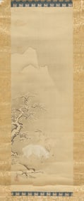 Japanese Goat Scroll - Signed Kano Tsunenobu