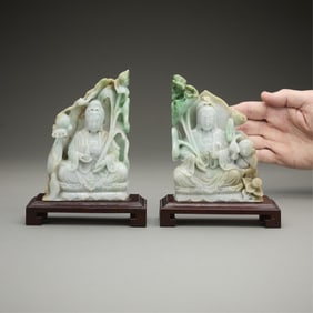Pair 19th c. Chinese Carved Jade Guanyin Figures