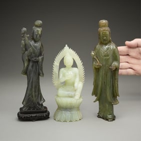 3 Chinese Carved Serpentine & Jade Figures