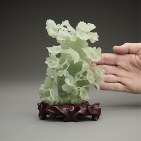Chinese Carved Serpentine Floral Lidded Urn Vase