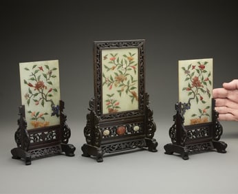 3 Chinese Jade & Hardstone Floral Table Screens