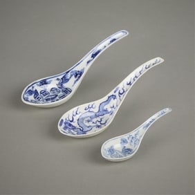 3 Chinese Qing Blue & White Porcelain Spoons