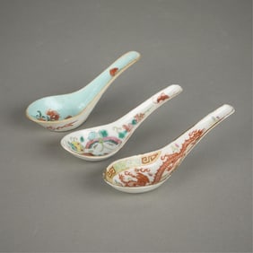 3 Chinese Qing Famille Rose Porcelain Spoons
