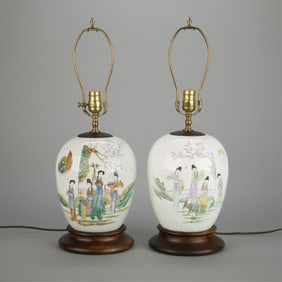 2 Chinese Qing Famille Rose Porcelain Jar Lamps