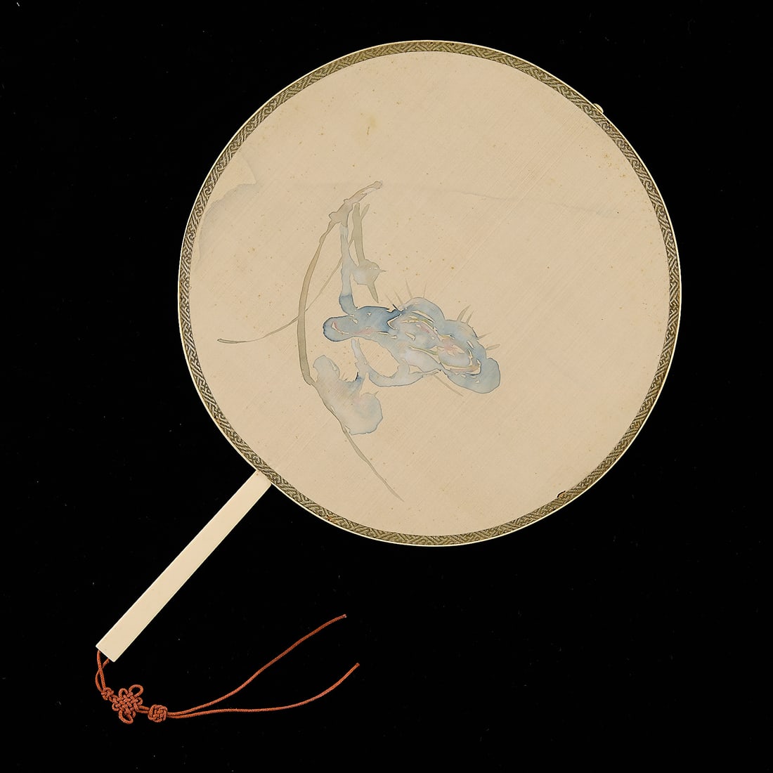 Chinese Qing Imperial Court Fan w/ Blue Flowers: Chinese late Qing Imperial court fan, silk with a wooden frame and handle. Decorated with a painting depicting a blooming blue flowers.Length: 15 1/2 in x diameter: 10 1/2 in.