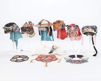 9 Chinese Qing Embroidered Children's Hat Textiles