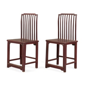 Pair Chinese Lacquered Spindle Back Side Chairs