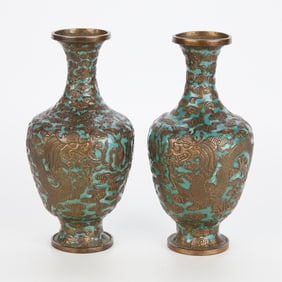Pair Chinese Qing Cloisonne Dragon Vases