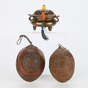 3 Asian Objects - Bronze Censer & 2 Coconut Cups