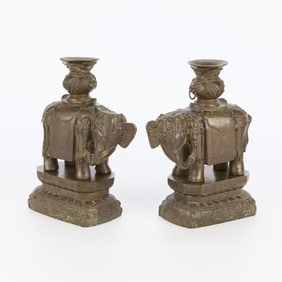 Pr Chinese Bronze Gem Inlaid Caparisoned Elephants