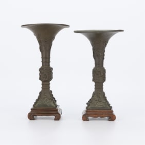 Pair Chinese Archaistic Style Bronze Gu Vases
