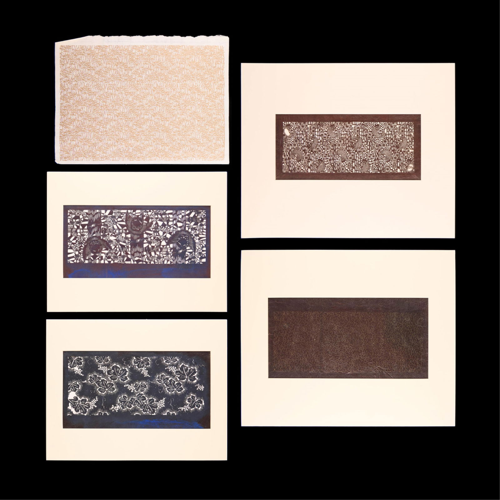 5 Japanese Ise Katagami Mulberry Paper Stencils: Group of five Japanese katagami mulberry paper stencils and an iridescent ise katagami print on paper depicting a profusely forested thicket of bamboo. Includes stencils depicting fish, birds or flowe