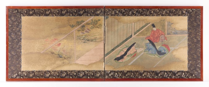 19th c. Japanese Painted 2-Panel Low Screen