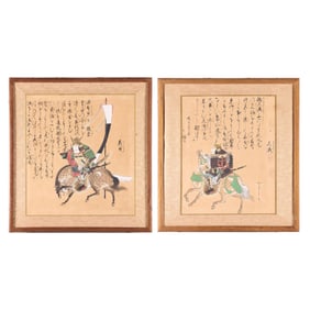 2 Japanese Samurai Warrior Panel Paintings