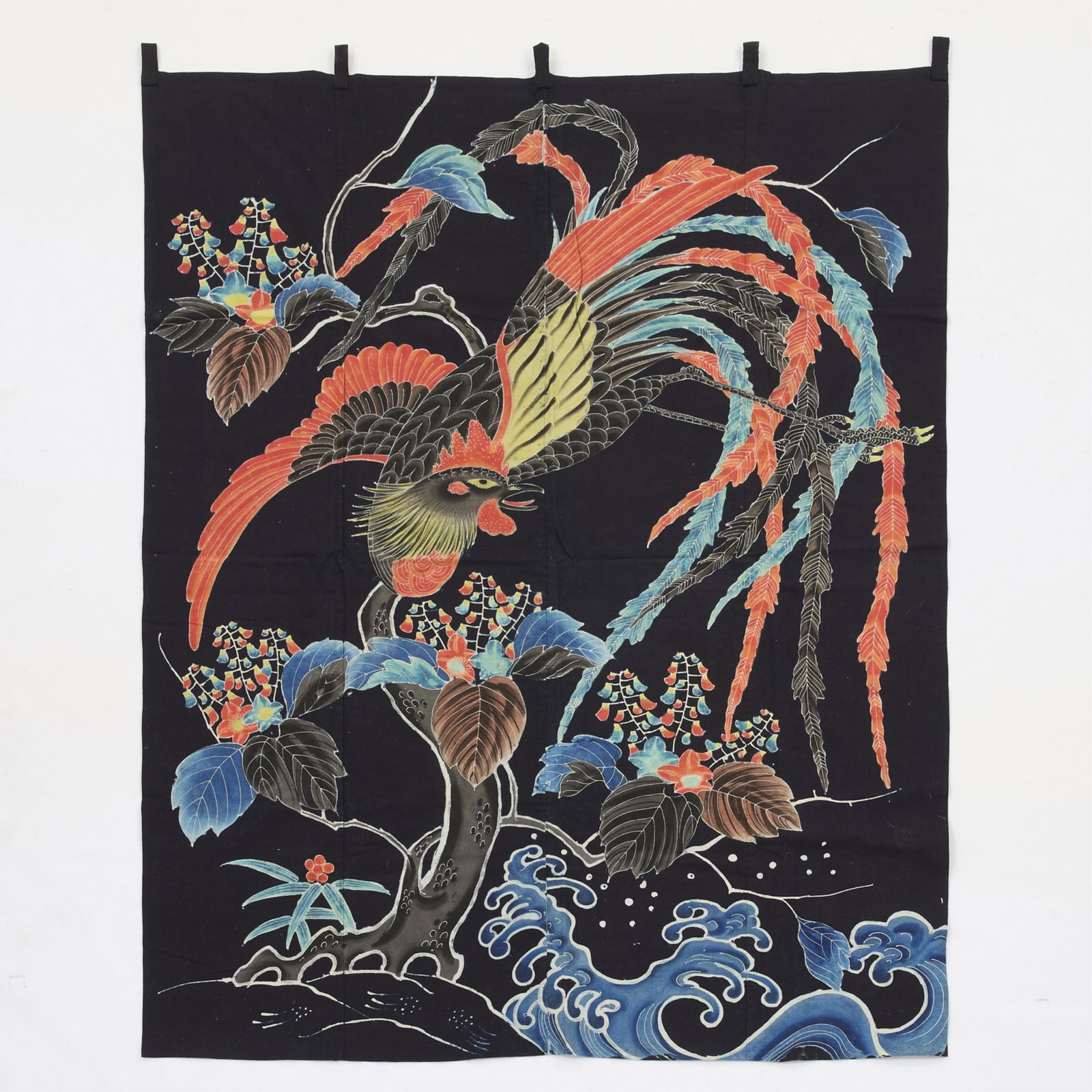 Japanese Showa Phoenix Hanging Tapestry Textile: Japanese phoenix wall hanging tapestry textile, Showa Period, ca. 1926–1989. Of yuzen resist-dyed indigo cotton.Provenance: From the Distinguished Personal Collection of Dr. Robert Jacobsen.Length: