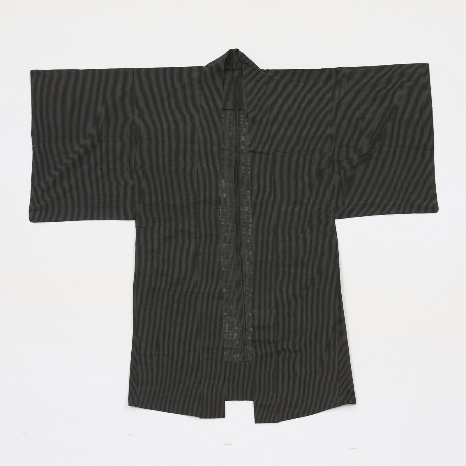 20th c. Japanese Kimono Robe Haori Jacket: Japanese kimono robe haori jacket, 20th century. Black pinstripe pattern.Provenance: From the Distinguished Personal Collection of Dr. Robert Jacobsen.Length: 43 1/4 in x shoulder-to-shoulder: 25 in x
