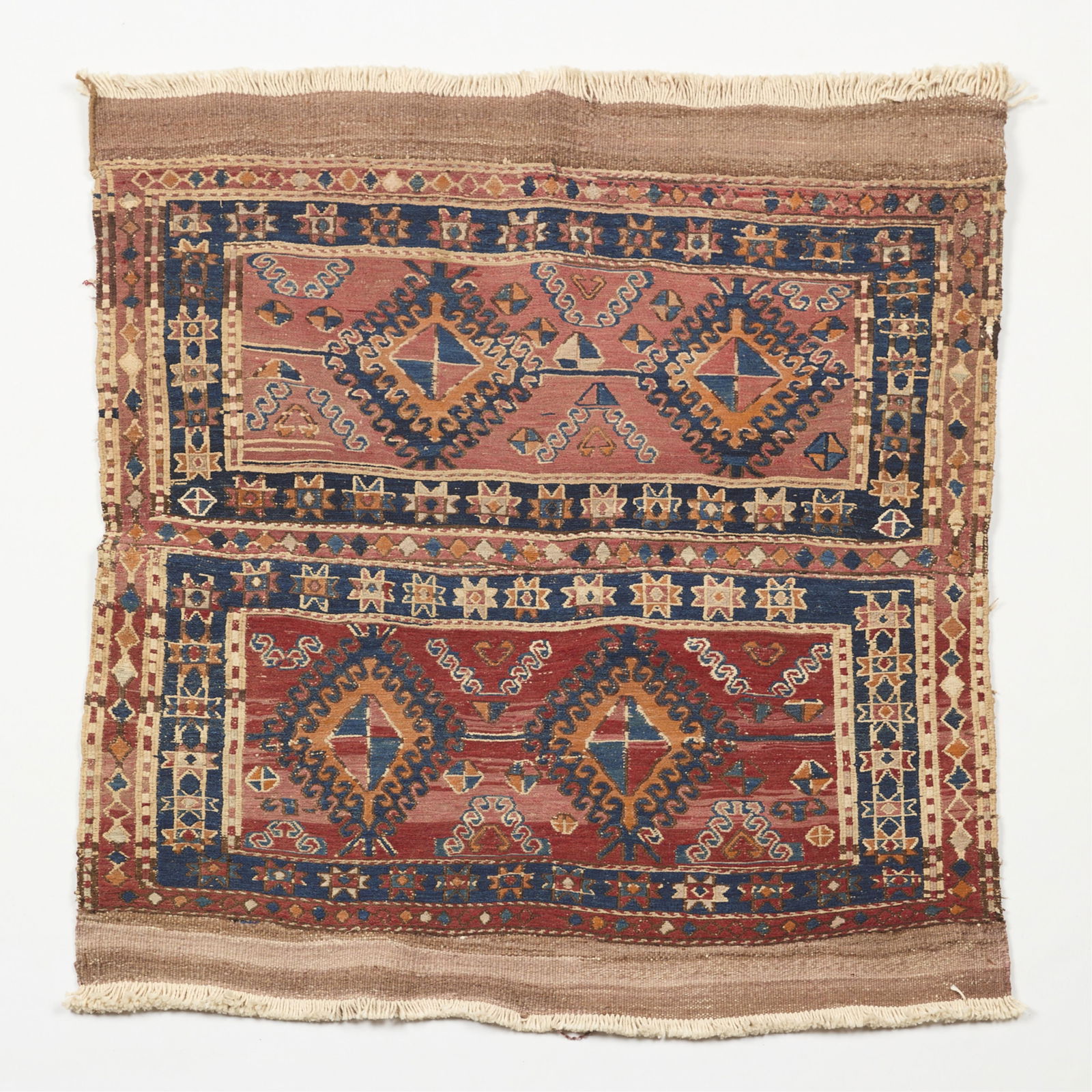 Central Asian Kazakh Saddle Blanket 3'6" x 3'4": Central Asian or Caucasian Turkmen wool soumak woven saddle blanket or rug textile. Likely Shahsavan or Kazakh.Provenance: From the Distinguished Personal Collection of Dr. Robert Jacobsen.(Including