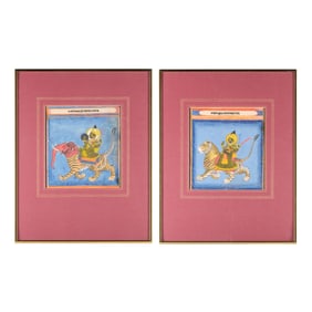 Pair Indian Mughal Miniature Tiger Paintings