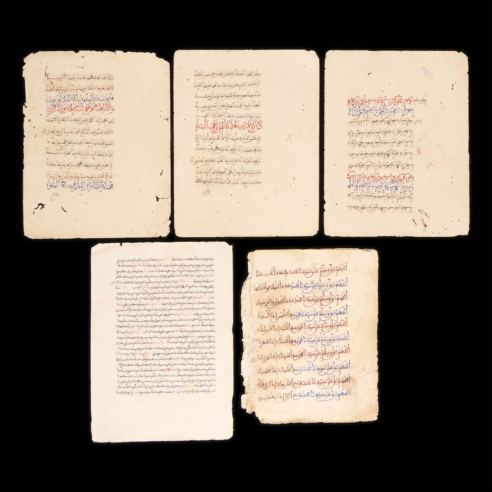 5 Early Islamic Arabic Folio Manuscripts Pages: Group of five early ink on paper Islamic folio document manuscript pages with Arabic script, ca. 14th-15th century.Provenance: From the Distinguished Personal Collection of Dr. Robert Jacobsen.Height