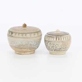 2 Thai Sukhothai Stoneware Covered Jars