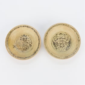 2 Thai Sukhothai Lotus & Fish Stoneware Dishes