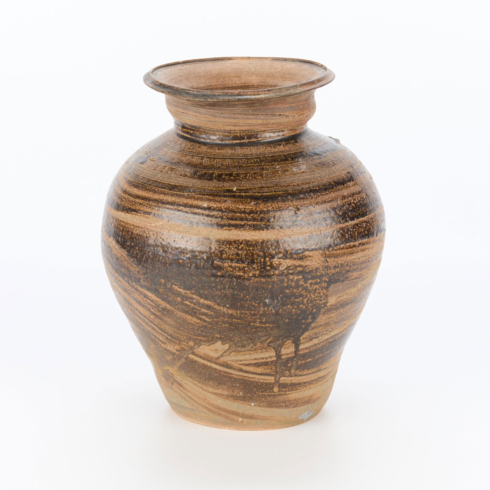 14th-15th c. Northern Thai Sankampaeng Ceramic Jar: Northern Thai San Kampaeng ceramic baluster storage jar, 14th-15th c. With bands of combed decoration and a thin dripped brown glaze continuing over the everted mouth rim.Provenance: Borisoothi Antiqu