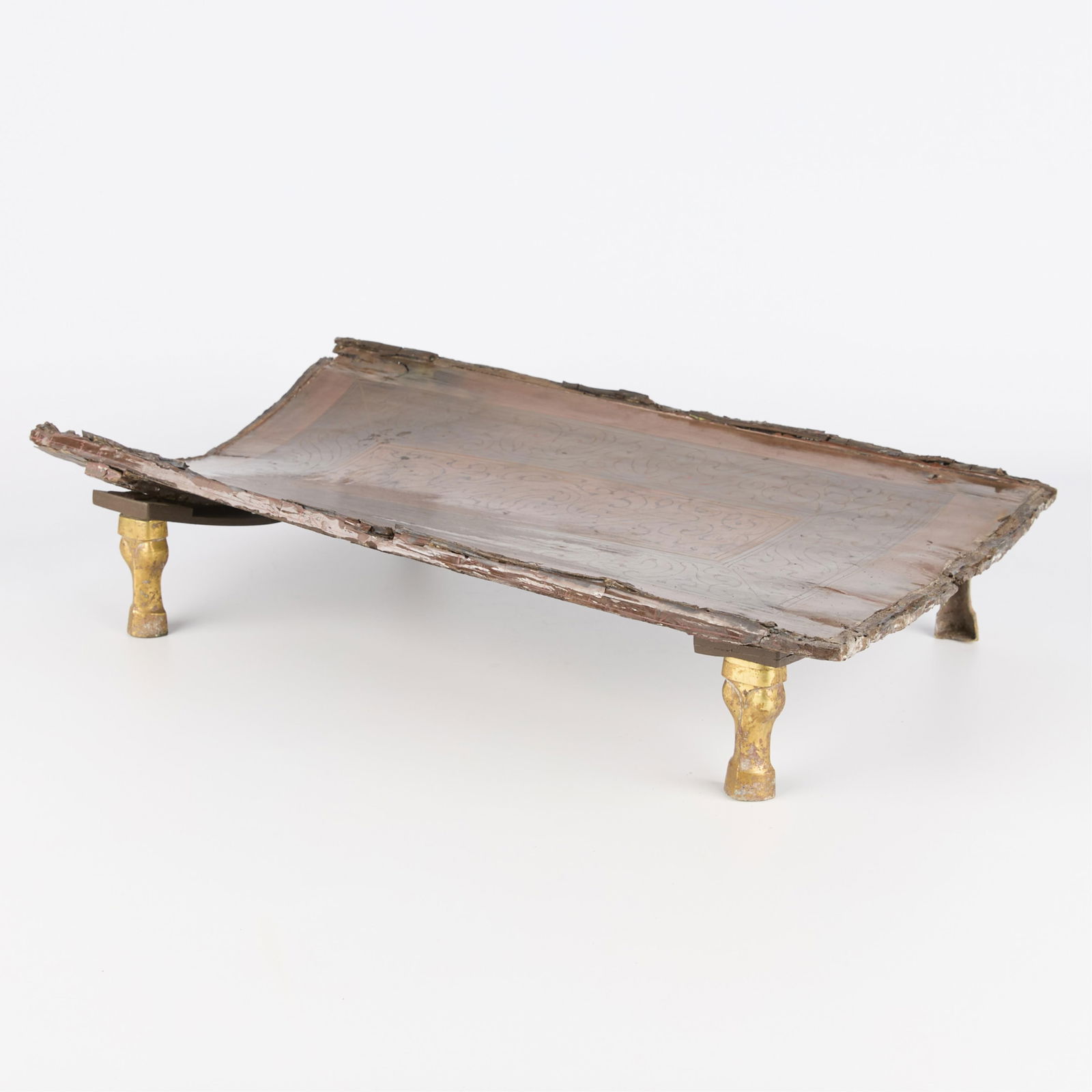 Chinese Han Dynasty Lacquer Offering Tray Table: Chinese Western Han dynasty fine and rare lacquerware wooden serving tray table stand with gilt bronze legs, 2nd century BCE to 1st century CE.Loan: Minneapolis Institute of Art, L.2002.179, 2003-2004