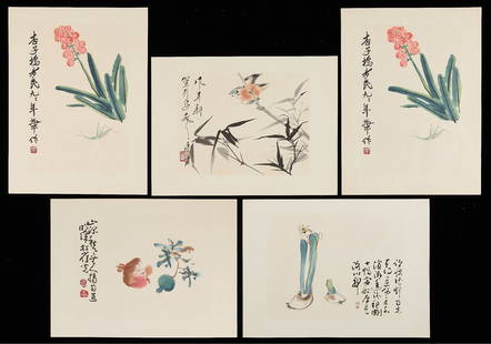 5 20th c. Chinese Floral Prints: Group of five ink on paper prints, each with calligraphy inscription and red seal. Including:Qi Baishi (Chinese, 1864-1957). Two ink on paper prints depicting a cluster of red flowers, a cricket near