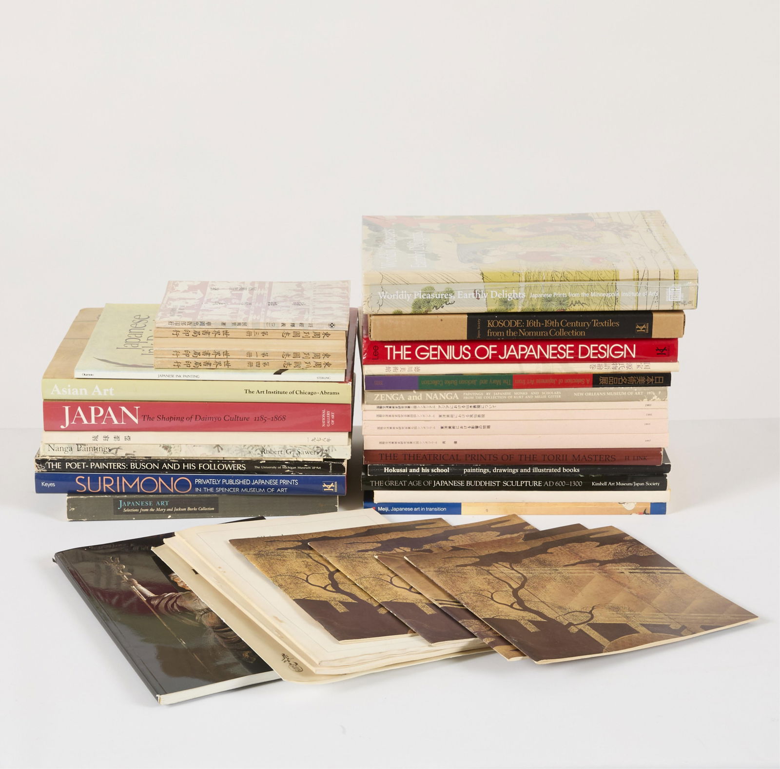 Group of Japanese Art Books: Group of books related to Japanese art including surimono, printmaking, paintings, sculpture, and more.Provenance: From the Distinguished Personal Collection of Dr. Robert Jacobsen.(Shipping dimension