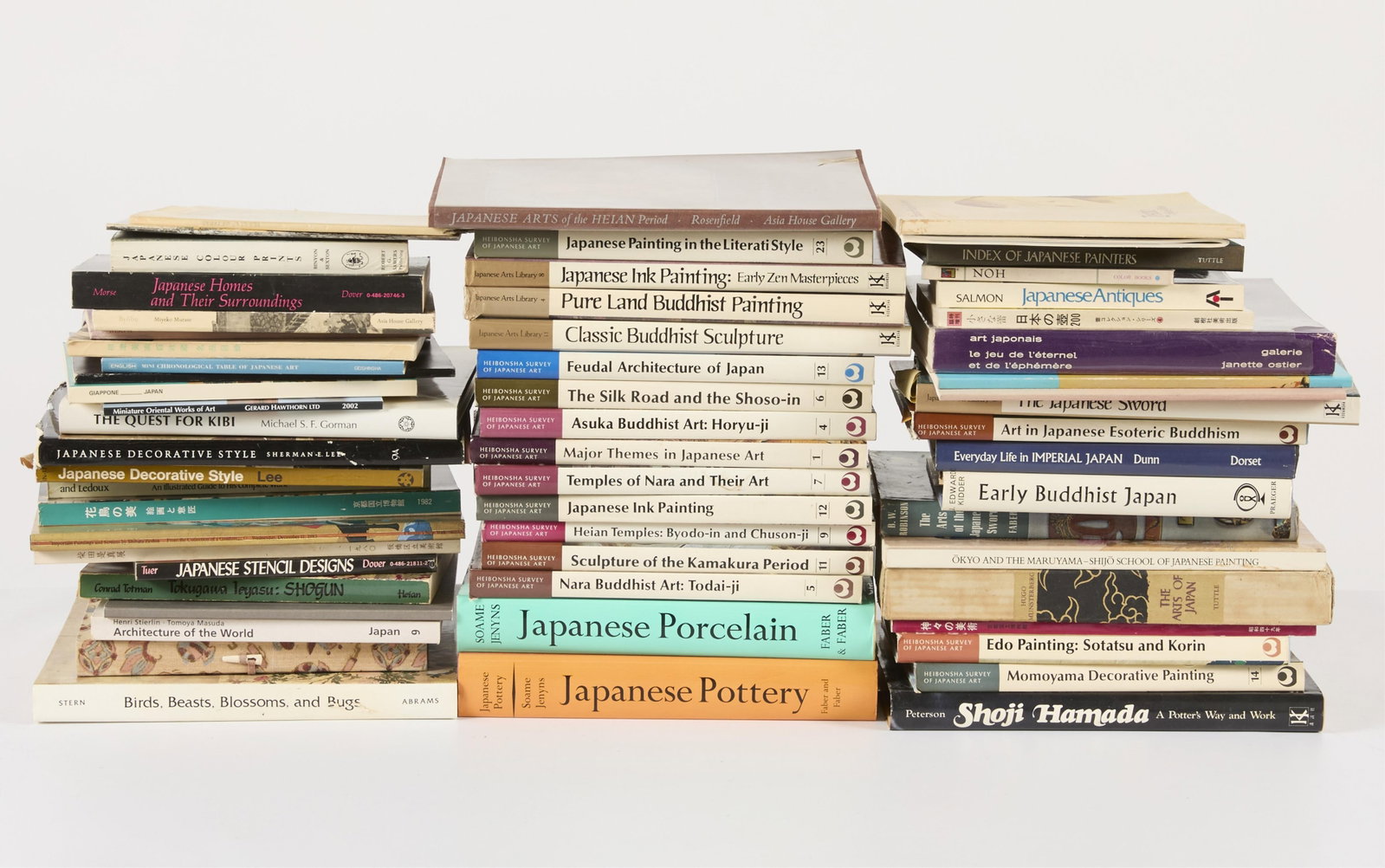 Group Japanese Art Books: Group of Japanese art books including topics such as: porcelain and pottery, Buddhist art, painting, antiques, stencils, among many more. Provenance: From the Distinguished Personal Collection of Dr. 