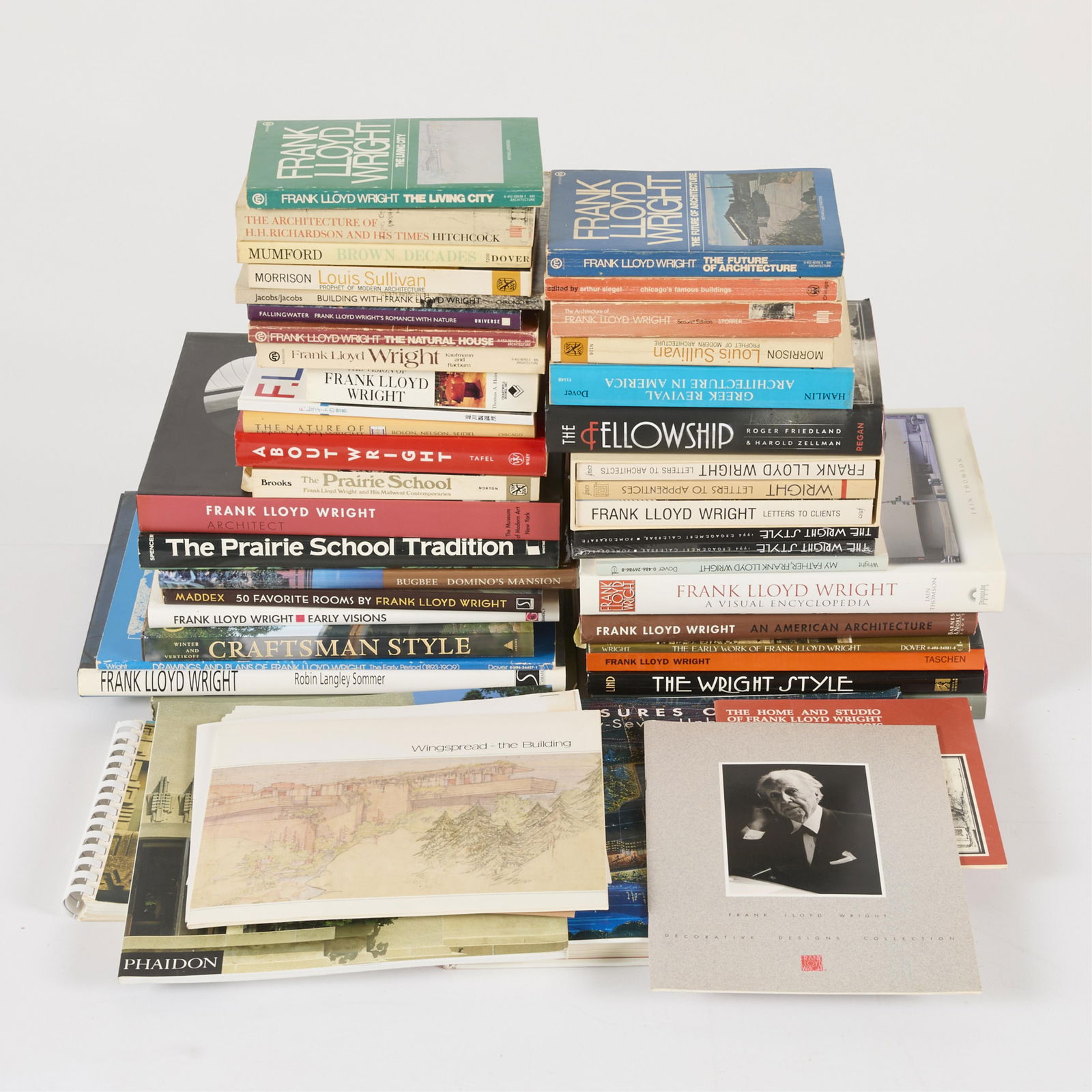 Group Frank Lloyd Wright & Prairie School Books: Large group of books related to renowned architect Frank Lloyd Wright and Prairie School architecture.Provenance: From the Distinguished Personal Collection of Dr. Robert Jacobsen.(Shipping dimensions