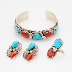 Effie Calavaza Zuni Turquoise/Coral Jewelry Set