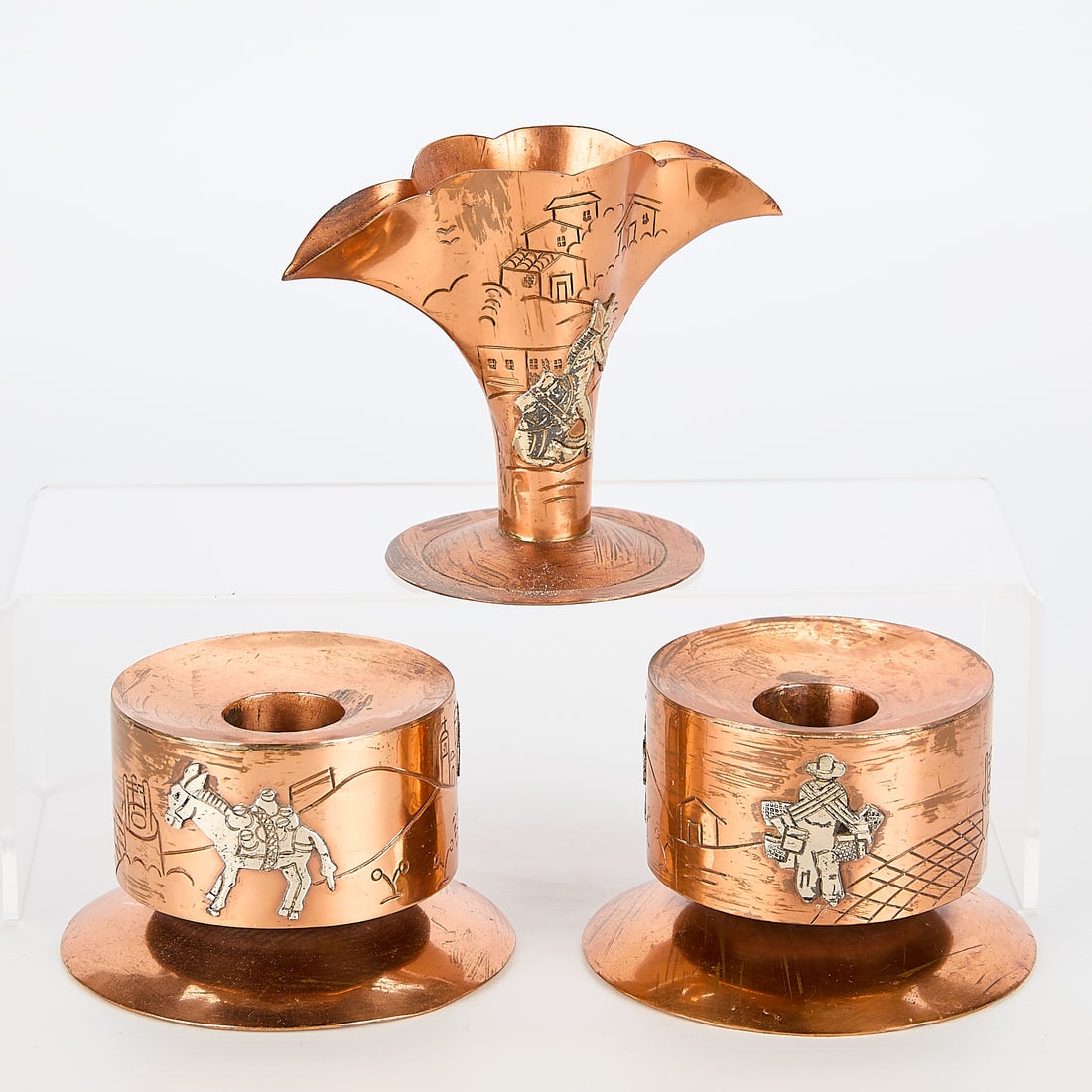 3 Pcs Taxco Copper w/ Silver Inlay Tealights (1 of 6)