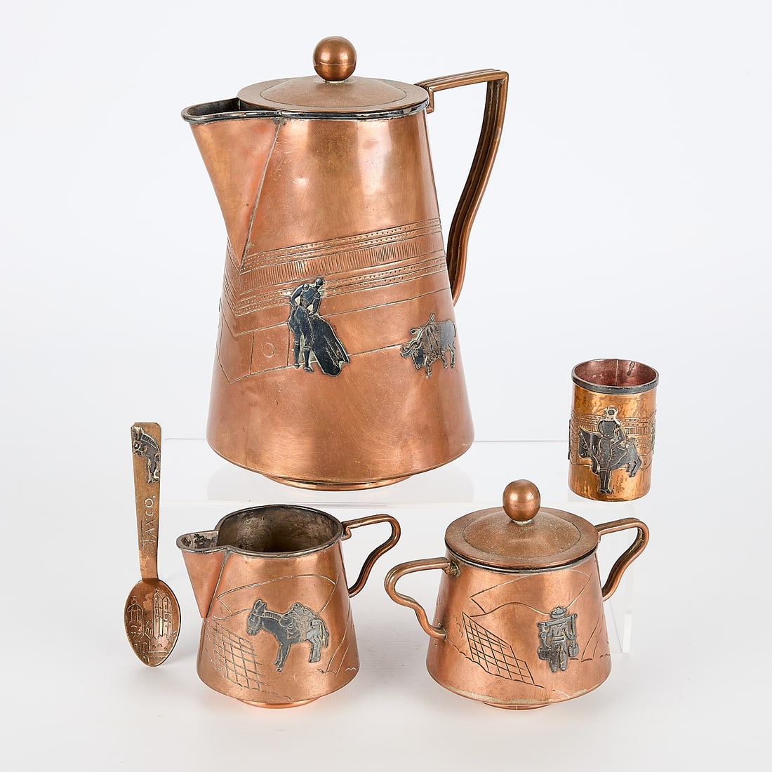 5 Pc Taxco Copper w/ Silver Inlay Tea Set (1 of 8)