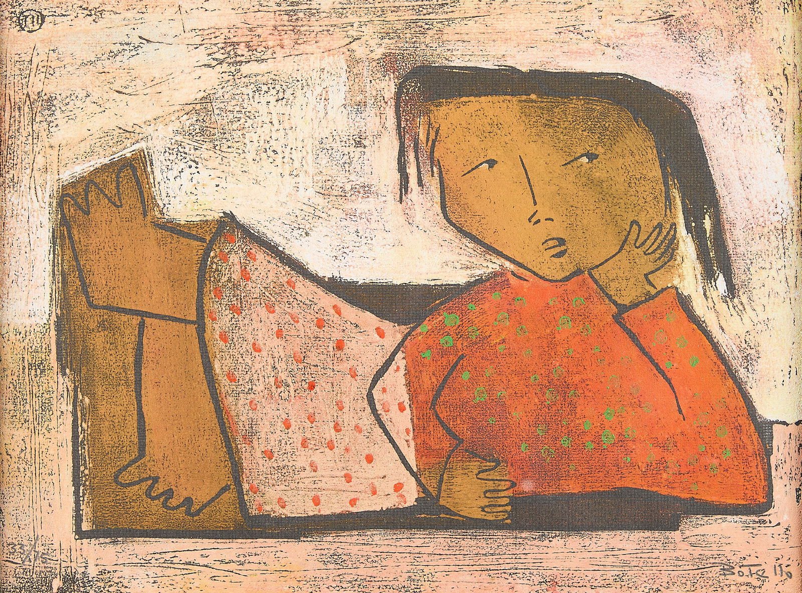 Angel Botello Reclining Girl Linocut: Angel Botello y Barros (Spanish/Puerto Rican, 1913-1986). Linocut on paper depicting a reclining figure. Signed in print along the lower right; numbered 33/75 along the lower left; stamped III along t