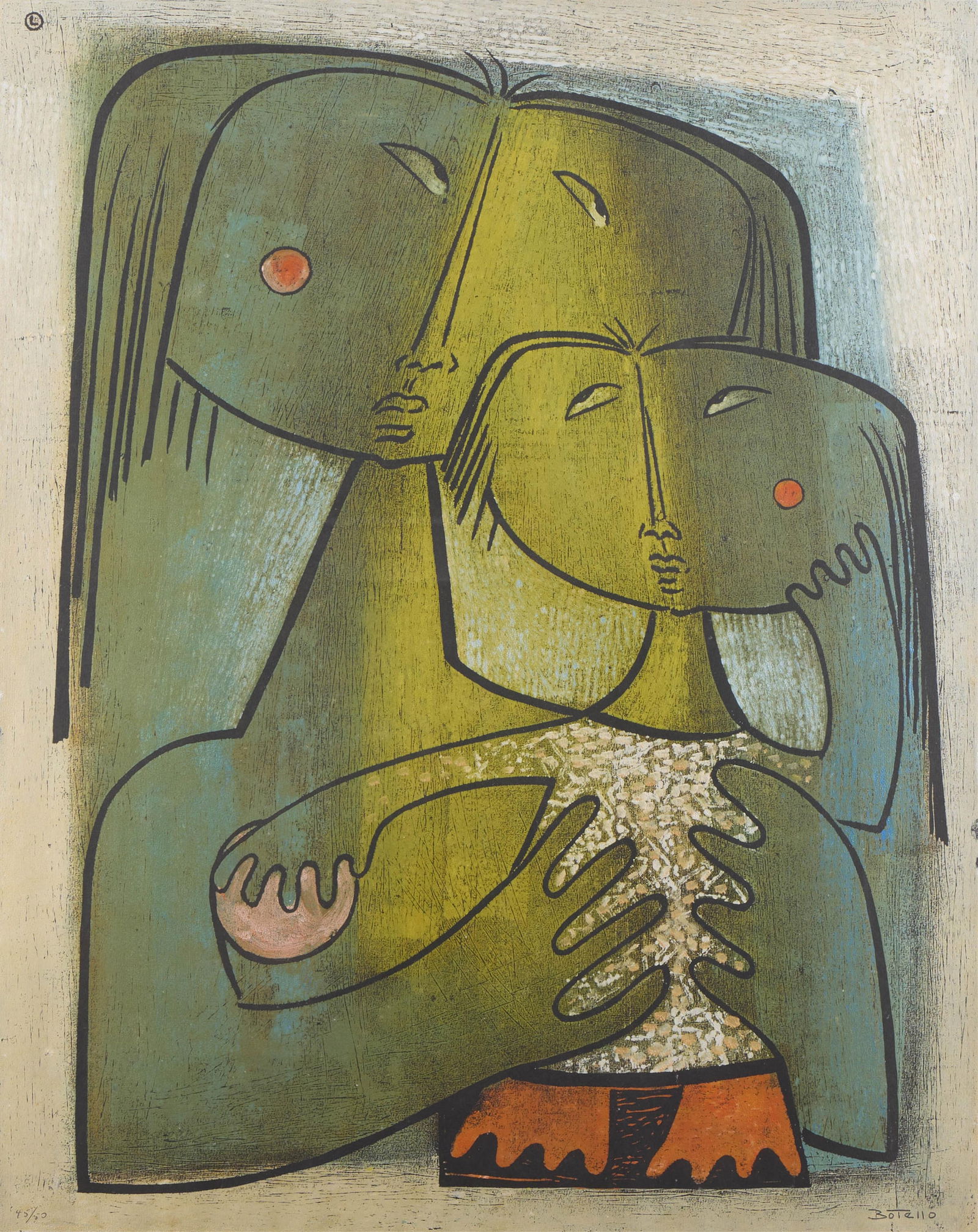 Angel Botello "Mother and Child" Linocut: Angel Botello y Barros (Spanish/Puerto Rican, 1913-1986). Linocut on paper titled "Mother and Child." Depicting a mother cradling her small child in her hands. Signed in plate along the lowe