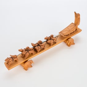 Paul Imana Wood Carved Sled Dog Scene