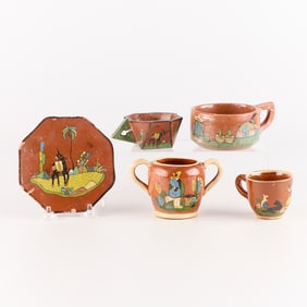 5 Mexican Tlaquepaque Redware Pottery Vessels