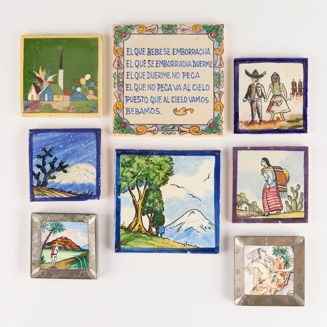 8 Mexican Folk Art Tourist Pottery Pictorial Tiles (1 of 5)