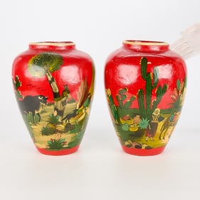 Pair Mexican Tonala Burnished Pottery Floor Vases