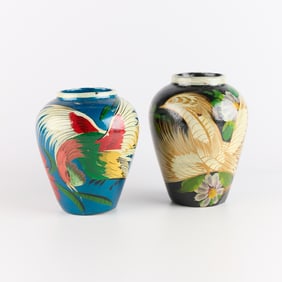 2 Mexican Tonala Pottery Bird of Paradise Vases