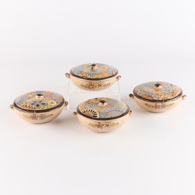 Set of 4 Mexican Pottery Lidded Floral Crocks