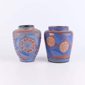 2 Mexican Tonala Blue & Brown Pottery Vases